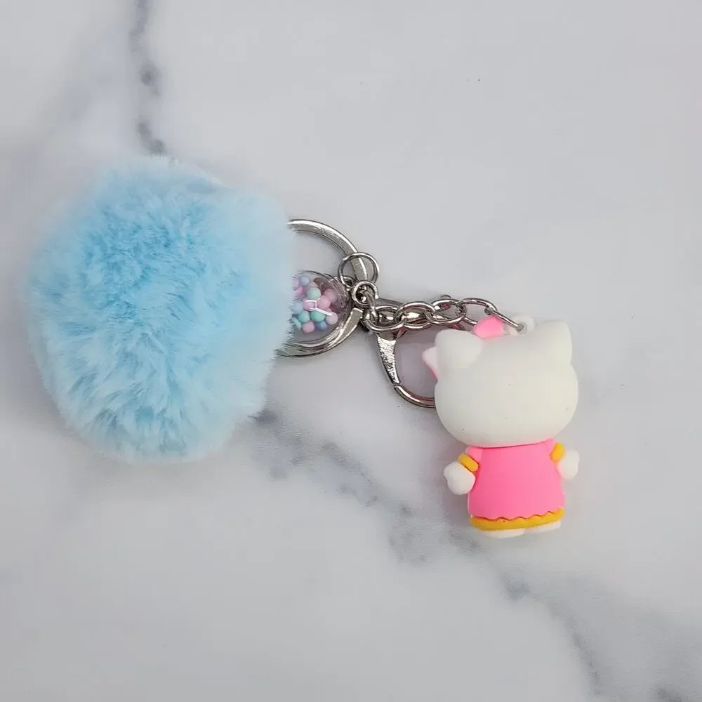 Hello Kitty 3D Figure Keychain, puff ball & mini bead filled bubble Pink Orange
